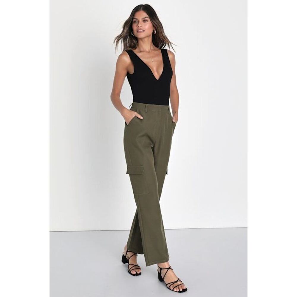 Lulus Cool Confidence Olive Green Wide Leg Utility Pants - Size S